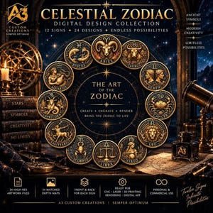 Könnte beinhalten: Eine digitale Designkollektion mit dem Titel Celestial Zodiac, die zwölf kreisförmige, goldfarbene Medaillons mit den Tierkreiszeichen in einem Kreis angeordnet zeigt. Der zentrale Text lautet The Art of the Zodiac, ergänzt durch 12 Signs, 24 Designs und Endless Possibilities. Der Hintergrund zeigt einen Sternenhimmel, Bücher und ein Tintenfass.