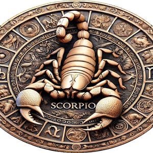 Mapa de profundidad 3D de Escorpio para grabado láser / Diseño detallado de moneda de desafío en escala de grises / Ilustración lista para grabado láser de fibra
