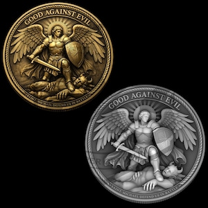 May include: Two round coins with a relief of Saint Michael defeating evil. The gold-toned coin has the text "GOOD AGAINST EVIL" and "SAINT MICHAEL DEFEND US IN BATTLE". The silver-toned coin has the same text.