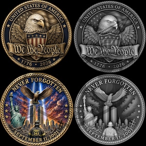 May include: Four commemorative coins with patriotic themes. Two coins feature an eagle, the American flag, and the text "We the People" with the years 1776 and 2026. The other two coins display the text "Never Forgotten" and the date "September 11, 2001".