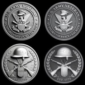 May include: Four silver-colored military challenge coins. Two coins feature an eagle, the words "U.S. Army Veteran," and the words "War, Peace, Service, Sacrifice, Support." The other two coins feature a helmet, rifles, and the words "Forever" and "Est. 1775."