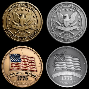 May include: Four round coins with military themes. Two coins feature the United States Army emblem with an eagle, swords, and the text "Loyalty, Duty, Respect, 1775." The other two coins display the American flag and the text "This We'll Defend, 1775."