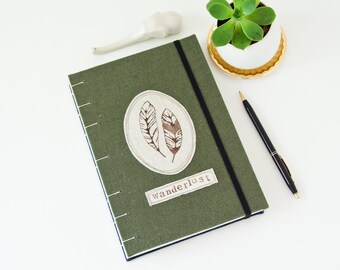 Wanderlust Travel Journal - Green Linen Unlined Journal with Handprinted Feathers - Awesome Wanderlust Gifts
