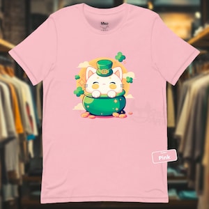 Camiseta con gato duende kawaii, linda camiseta del Día de San Patricio, gato de dibujos animados con olla de oro, adorable camiseta del Día de San Patricio, camiseta con gato caprichoso