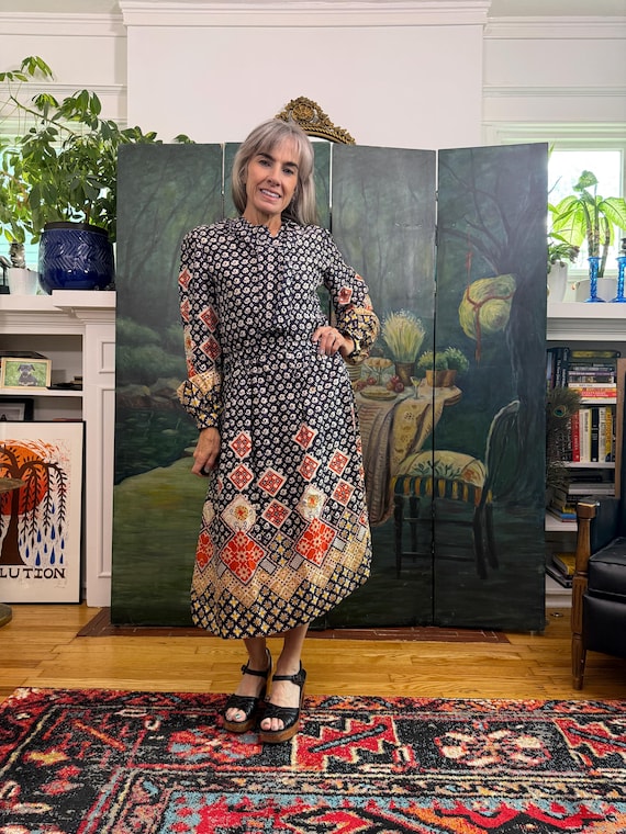 Oscar de la Renta, Vintage 1970s Oscar de La Renta Bohemian Patchwork Print Midi Dress - Medium Fit