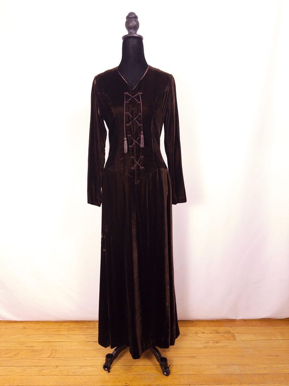 Vintage 1970s Chocolate Brown Boho Gothic Velvet Maxi Dress XS/SM