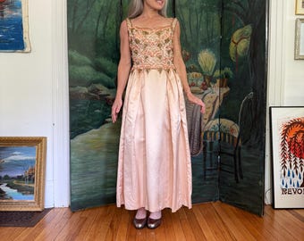 1960s Pink Satin Beaded Evening Gown - Medium Fit