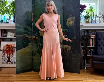 1930s Pink Bias Cut Evening Gown Matching Bolero Jacket Old Hollywood Glamour Floor Length Dress
