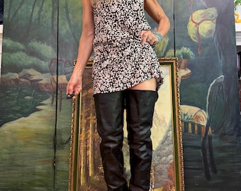 Vintage Perla Italian Black Leather Thigh High Boots with Silver Stiletto Heel