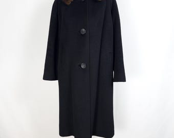 Vintage Black Wool Swing Coat – Mink Fur Collar, Size S-M