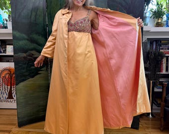 1960s Satin Empire Waist Gown with Jeweled Bodice and Matching Opera Coat - Small