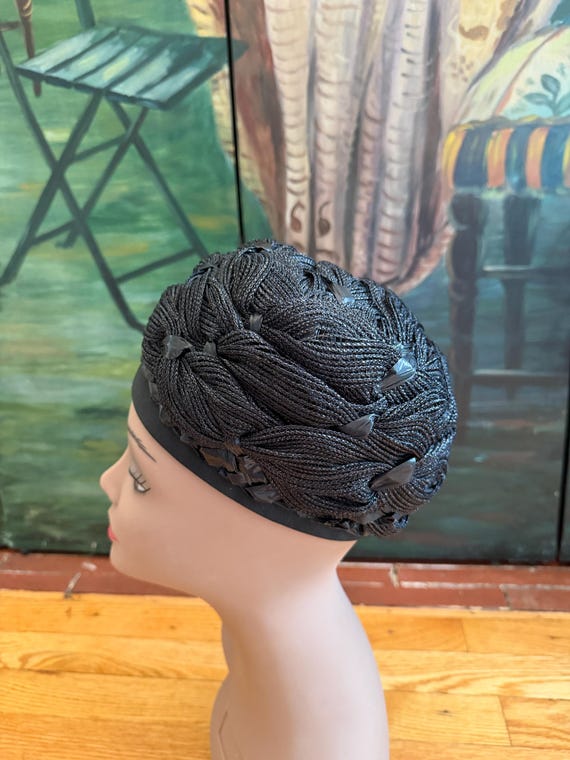1950s Christian Dior Chapeaux Black Woven Straw Pillbox Hat Paris New York