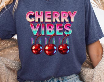 Cherry Cherries Retro Vibes T-Shirt Cute Fruit Graphic Shirt, Soft & Comfy Casual Tee
