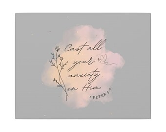 Echad toda vuestra ansiedad sobre Él. Versículo bíblico de 1 Pedro 5:7. Lienzo decorativo para pared, listo para colgar. Medidas: 25 x 20 cm y 35 x 28 cm (horizontal).