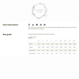 May include: Size chart for a t-shirt with measurements in inches. The chart includes sizes XS through 5XL, with measurements for width, length, sleeve length, and size tolerance.