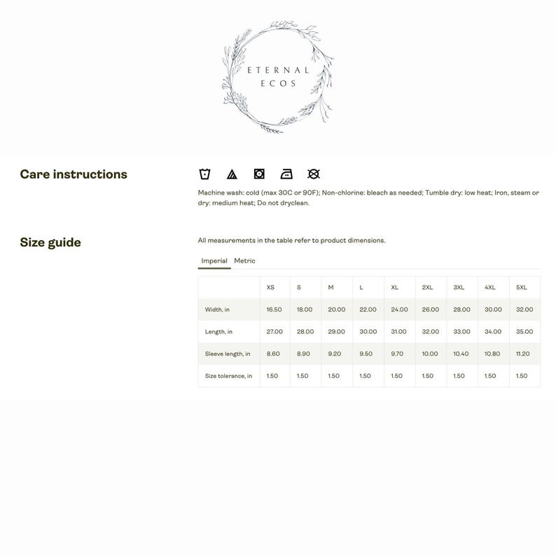 May include: Size chart for a t-shirt with measurements in inches. The chart includes sizes XS through 5XL, with measurements for width, length, sleeve length, and size tolerance.