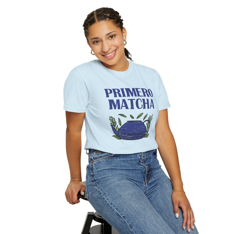 Primero Matcha T-Shirt | Vintage-Inspired Matcha Lover Gift | Retro Tea Shirt | Matcha Green Tea Aesthetic Tee Chambray