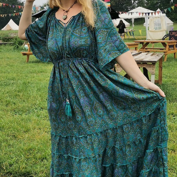 Teal long Maxi Dress Renaissance party  S M L  XL 10 12 14 16 18 20 22 Blue Green vintage Boho hippy UK party wedding Summer Festival Lammas