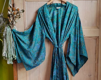 Teal Blue Green long Maxi Kimono jacket party S M L XL 10 12 14 16 18 20 22 24 vintage Boho hippy new UK dressing gown wedding winter
