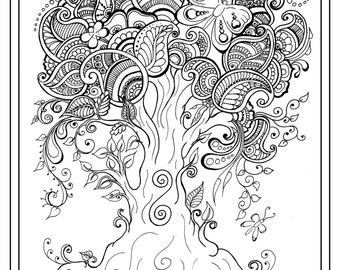 Adult Colouring In PDF Download Tree Dragonfly Henna Zen Mandalas Garden Anti Stress Mindfulness Flowers