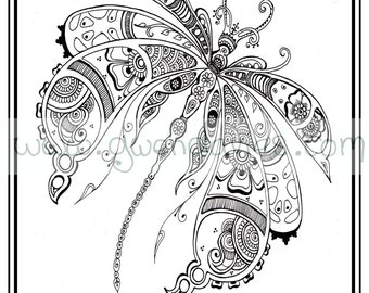 Adult Colouring In PDF Download Dragonfly Henna Zen Mandalas Garden Anti Stress Mindfulness Flowers