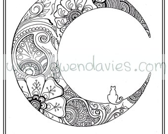Adult Colouring In PDF Download Moon Cat Calming Mindfulness Henna Zen Mandalas Flower Anti Stress Flowers