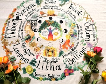 Wheel of The Year Pagan Altar Cloth table cloth hanging Wicca scarf 100 cm x 100 travel fabric colourful Goddess hippy boho