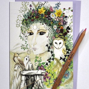 Blodeuedd, biglietto di auguri celtico, arte pagana gallese medievale rinascimentale, biglietto di compleanno, wicca, dea sciamanica