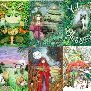 Selection pack of 6 Yule Chrismas cards, cat, dragon, Green Man, Hares, Pagan Art for the  Solstice