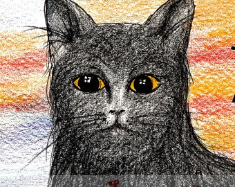 Cat with witch birthday card Pagan, Wiccan humour cat *UK artist*Samhain card, Halloween card,