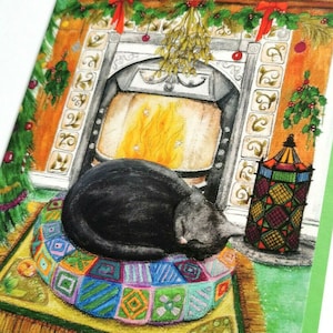 黒猫のユール・ソルスティス・クリスマス誕生日カード、無地、異教ウィッカの暖炉の中
