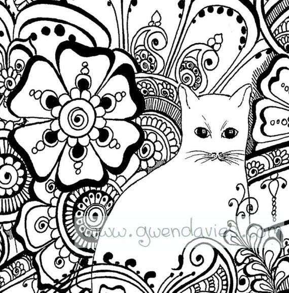 Colour the Cat With Henna Flowers Colouring in Sheet | Etsy
