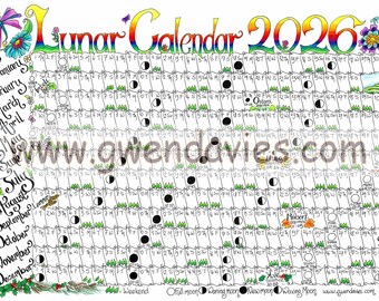 Downloadable Lunar moon calendar 2026 - A4 download Pagan Wiccan Astronomy astrology wall chart poster planner Goddess Witch