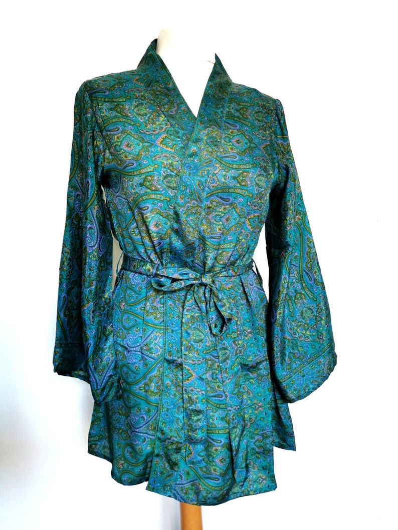 Teal Blue Kimono Jacket silk style party 8 10 12 14 16 18 S M L Retro Boho hippy party wedding cardigan coat Festival Lammas image 3