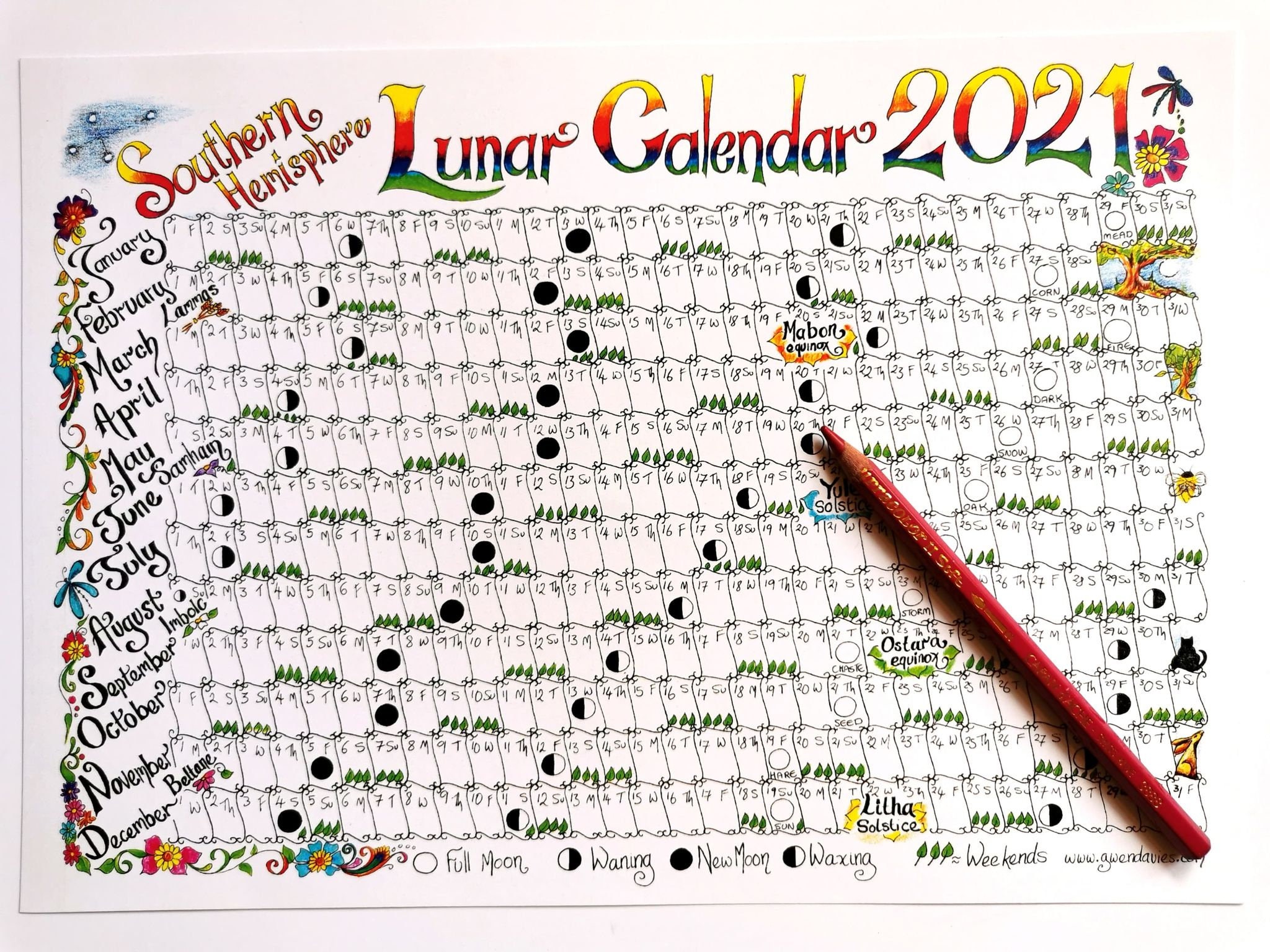 Southern Hemisphere Downloadable Lunar moon calendar 2021 A4 | Etsy
