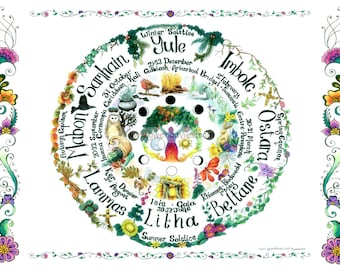 Könnte beinhalten: Ein farbenfrohes Rad mit den Namen der acht heidnischen Feiertage, darunter Yule, Imbolc, Ostara, Beltane, Litha, Lammas, Mabon und Samhain. Das Rad ist von einem floralen Rand umgeben.