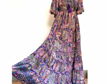 Purple Paisley Print long Maxi Renaissance party S M L 10 12 14 small 16 vintage Boho hippy UK party wedding Summer Festival Lammas