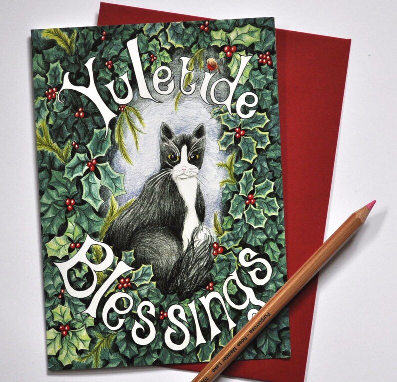 Black and White Cat Yule Christmas card blank greetings card Etsy