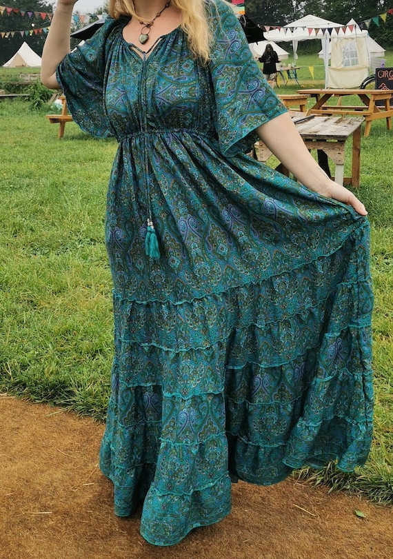 Teal long Maxi Dress Renaissance party S M L XL 10 12 14 16 18 20 22 Blue  Green vintage Boho hippy UK party wedding Summer Festival Lammas