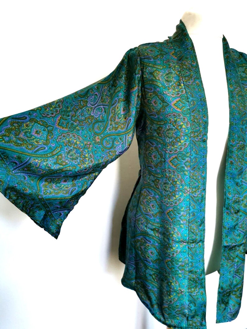Teal Blue Kimono Jacket silk style party 8 10 12 14 16 18 S M L Retro Boho hippy party wedding cardigan coat Festival Lammas image 8
