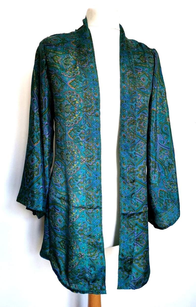 Teal Blue Kimono Jacket silk style party 8 10 12 14 16 18 S M L Retro Boho hippy party wedding cardigan coat Festival Lammas image 6