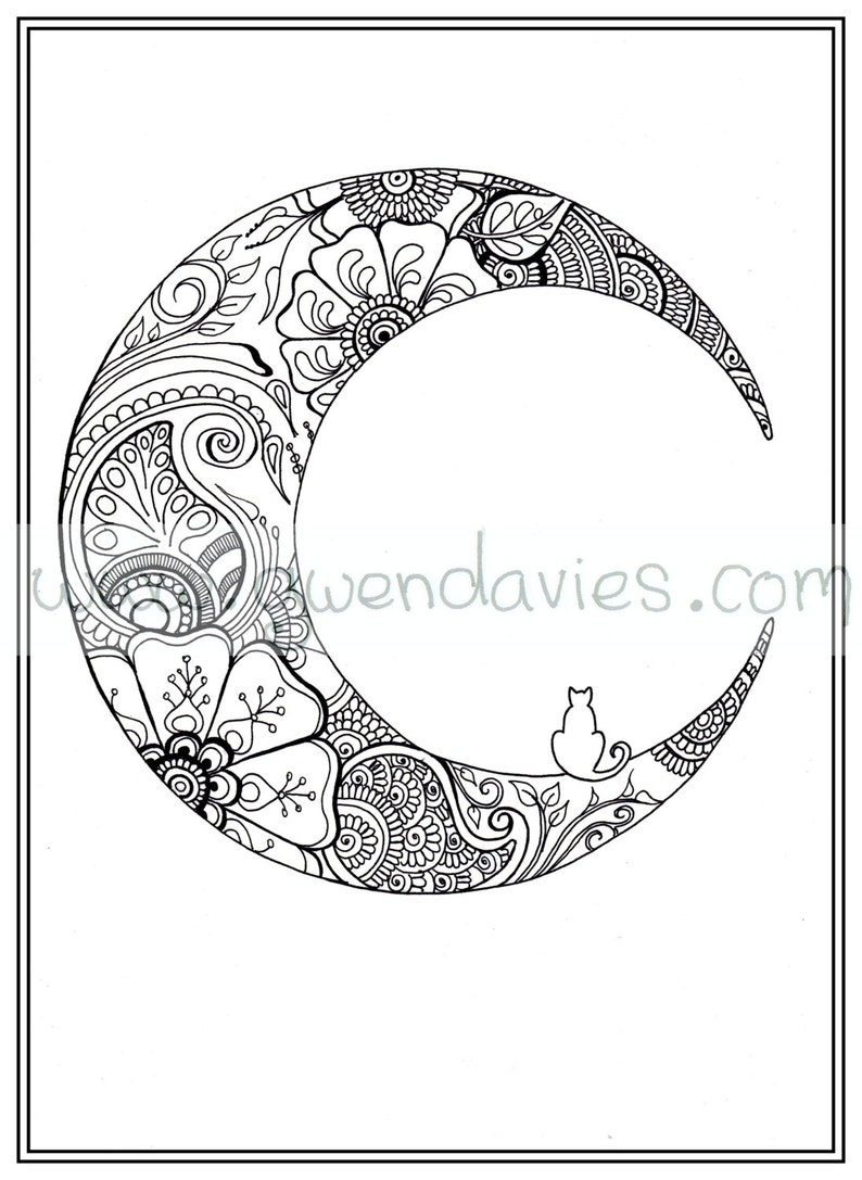 Adult Colouring in PDF Download Moon Cat Calming Mindfulness | Etsy