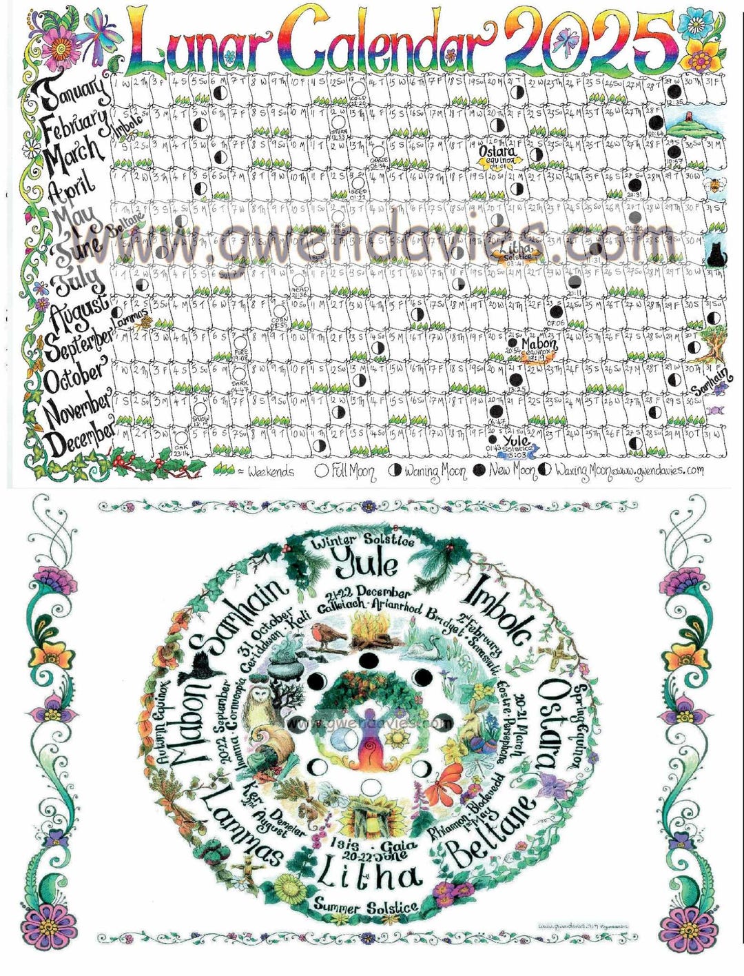 2025 A3 Lunar Moon Calendar Plus Wheel of the Year Pagan Poster Set ...