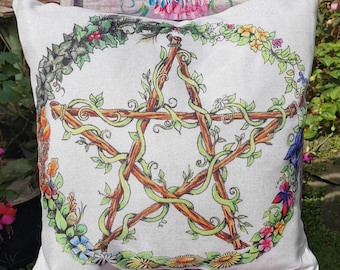 Colourful Pentacle cushion cover home decor scatter Pagan Wicca Witch gardening floral Gothic