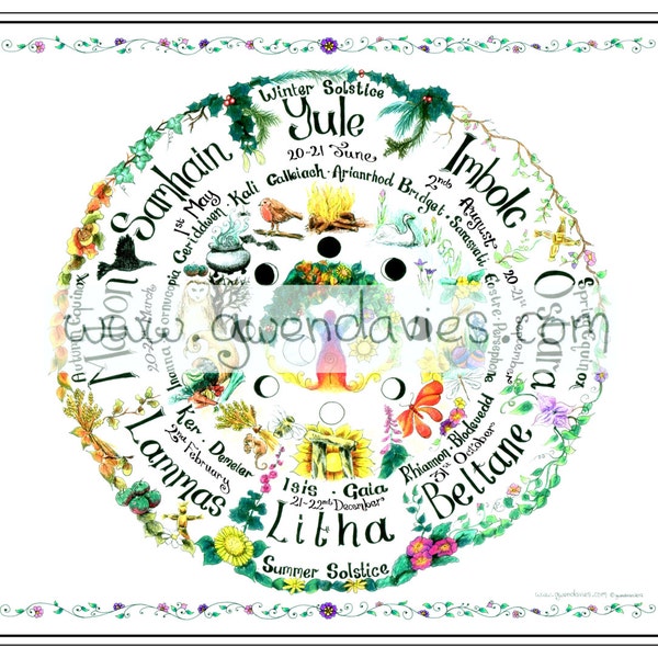 Southern Hemisphere downloadable Hand drawn Wheel of the Year chart, A4 Pagan, Hippy download Witch book of shadows