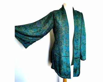 Teal Blue Kimono Jacket silk style party 8 10 12 14 16 18  S M L Retro Boho hippy party wedding cardigan coat Festival Lammas