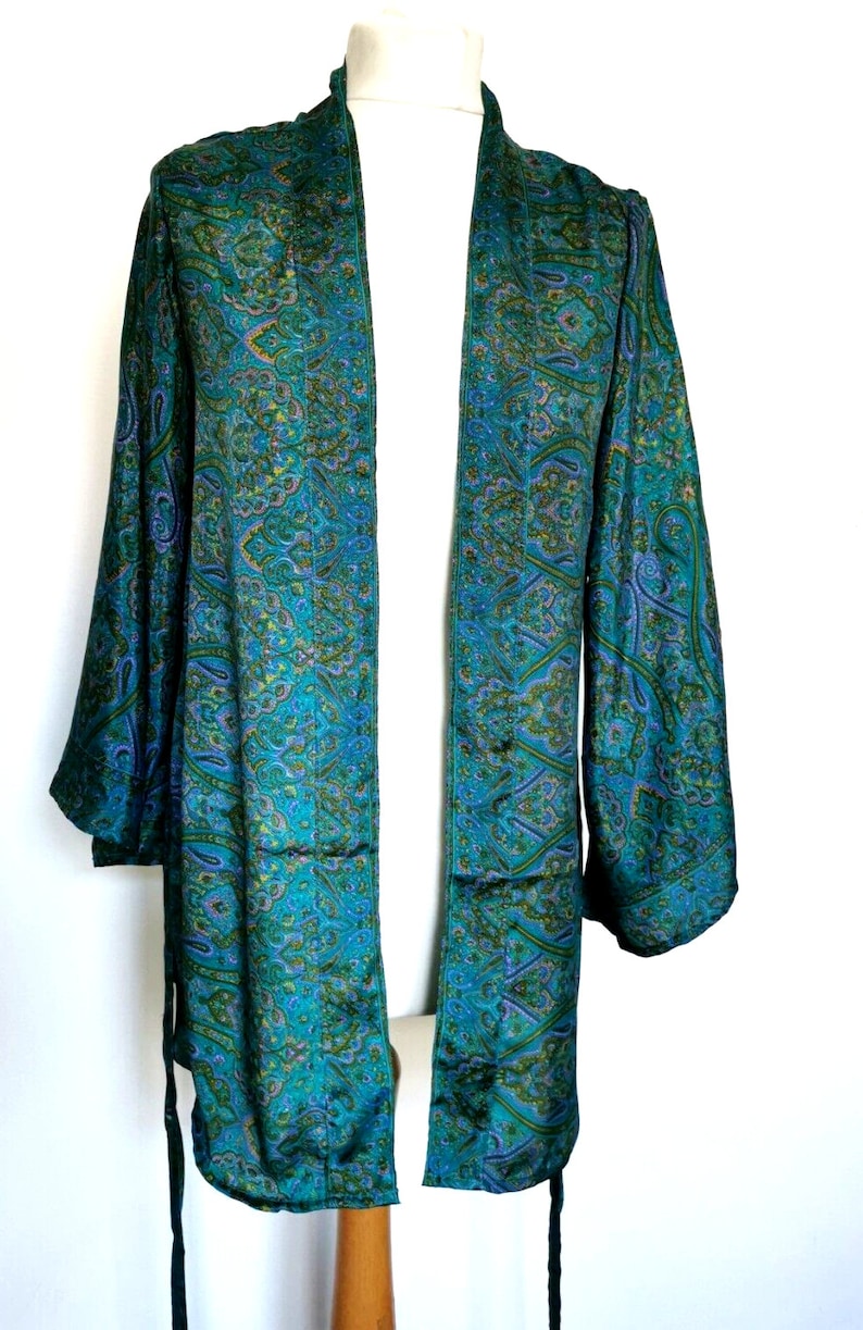 Teal Blue Kimono Jacket silk style party 8 10 12 14 16 18 S M L Retro Boho hippy party wedding cardigan coat Festival Lammas image 5