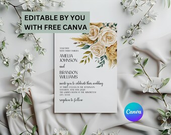 Editable Wedding Invitation Canva Template Floral Wedding Invitation Digital Download Elegant Sage, Cream Rose and Green Wedding Card Design