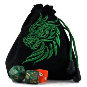 green dragon dice bag, dnd dice pouch, TTRPG, role playing, bag of holding, game accessory
