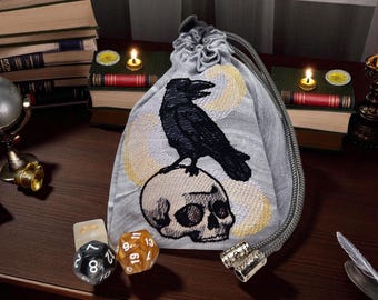 dice bag with raven, skull and a little magic dice bag, TTRPG